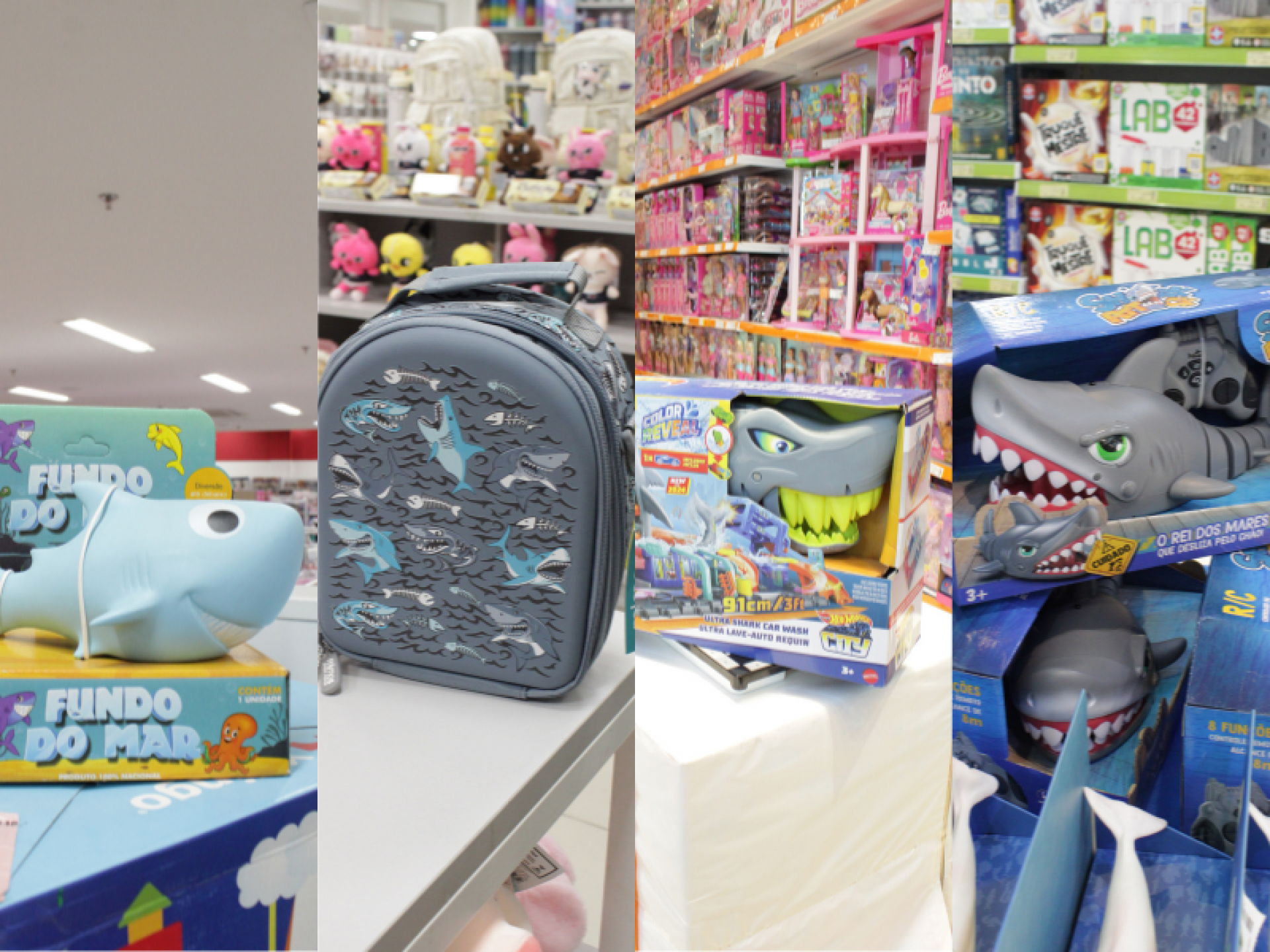Opções de brinquedos com o tema tubarão para as crianças.