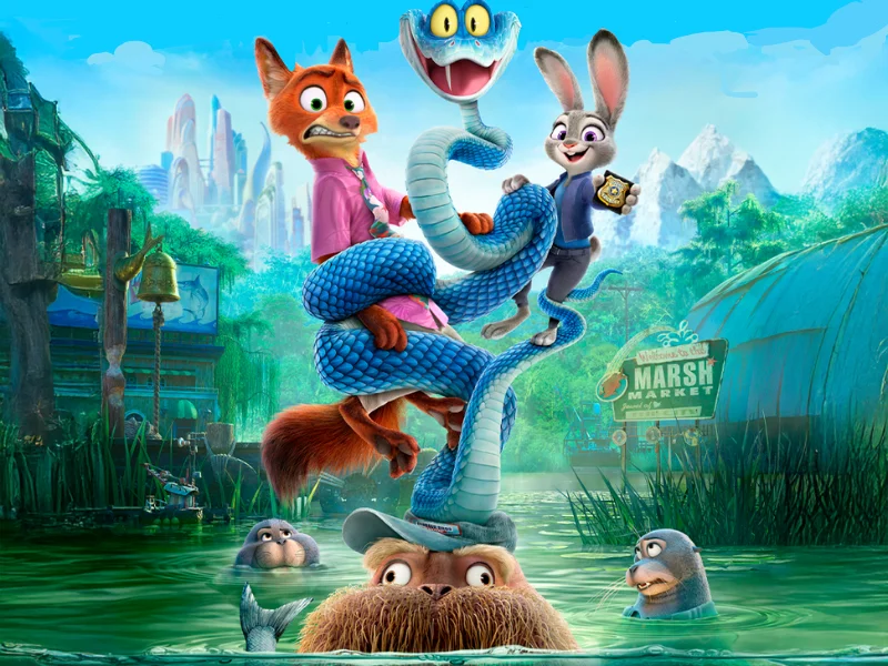 A imagem mostra o poster promocional do filme 'Zootopia 2', com quatro personagens animados em um cenário de pântano ou mercado aquático. Há um raposo, uma coelha policial, uma cobra azul e um leão-marinho/morsa em primeiro plano.