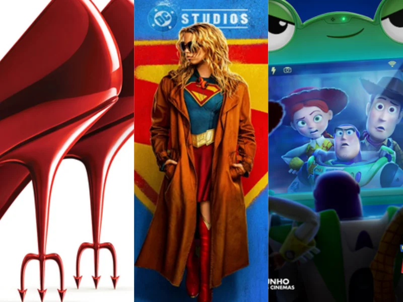 A imagem é uma colagem dos posters de três filmes: O Diabo Veste Prada 2, Supergirl e Toy Story 5