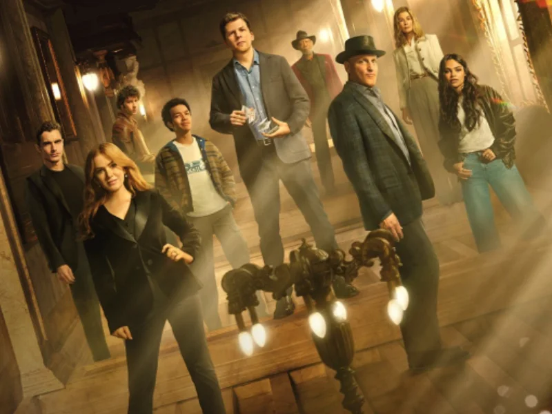 A imagem mostra o poster promocional de "Truque de Mestre: O 3° ato", com 9 pessoas em pé, 6 homens e 3 mulheres, inclinadas para a esquerda, com efeitos tipo espelho na foto.
