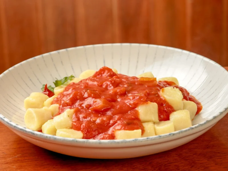 Uma porção de nhoque de batata, em formato de pequenos cilindros claros, é servida em um prato branco e fundo com listras azuis. A massa é coberta por um espesso e vibrante molho de tomate vermelho, com pedaços de tomate.
