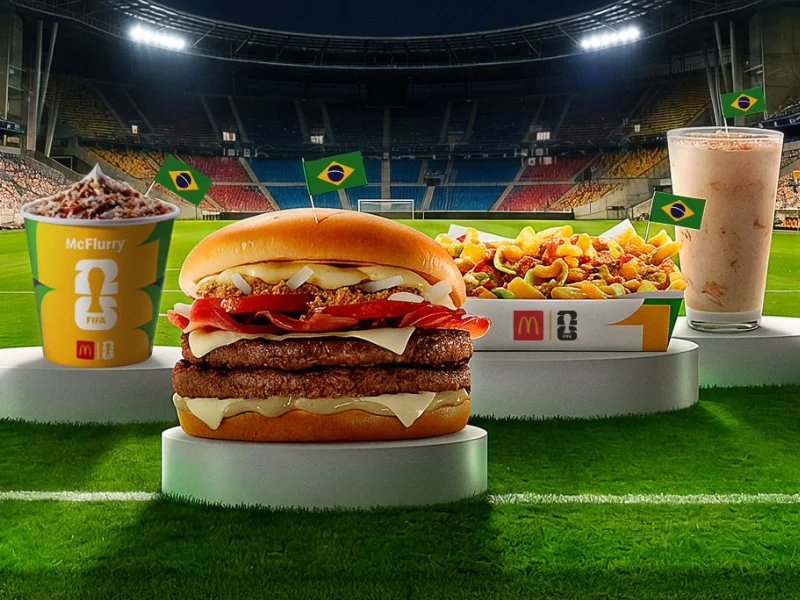 Reunião dos itens temáticos (sanduíche, batata, shake e McFlurry) sobre pedestais brancos em um campo de futebol, sob as luzes de um estádio lotado.
